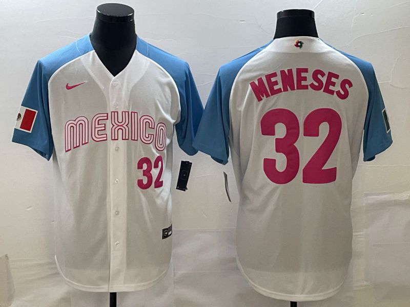 Men 2023 World Cub Mexico 32 Meneses White blue Nike MLB Jersey1